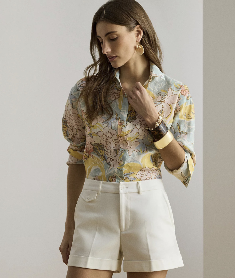 Lauren Ralph Lauren Women Floral Long Sleeve Shirt Cream Blue Multi Size 2XL